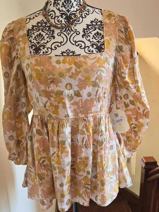 Altar'd State Tops - Altar'd State Floral Peasant Blouse in Mustard, Peach & Cream M